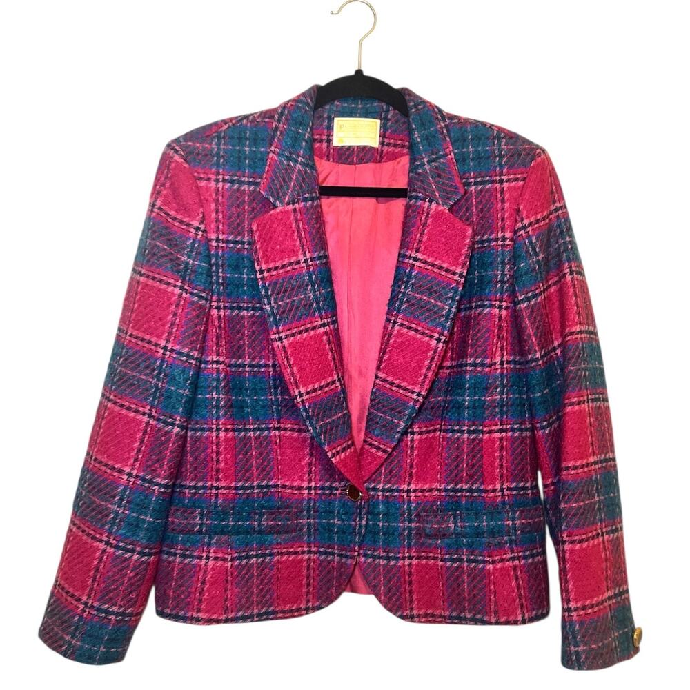 Vintage Pendleton Pink Tweed Wool Blazer Plaid Size 12 Women's